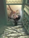  1girl absurdres airfish_(lefko_d) barcode bare_legs barefoot black_hair blue_eyes blunt_ends camisole can canned_food closed_mouth commentary feet fish hair_flowing_over highres holding holding_stylus holding_tablet_pc in_container in_refrigerator indoors legs_up long_hair lying on_back original refrigerator solo stylus symbol-only_commentary tablet_pc white_camisole 