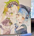  2girls :d absurdres art_tools_in_frame black_capelet black_hat blonde_hair blue_hair braid braided_hair_rings capelet cheek-to-cheek commentary_request green_eyes hair_rings hand_on_another's_chin hat heads_together highres kinoeda_tamase long_hair long_sleeves looking_at_viewer mahou_shoujo_no_majo_saiban multiple_girls one_eye_closed open_mouth painting_(medium) shikishi short_hair smile tachibana_sherry tono_hanna traditional_media twintails upper_body watercolor_(medium) yellow_eyes 