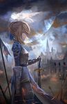  ahoge armor armored_dress artoria_pendragon_(all) blonde_hair castle fate/stay_night fate_(series) green_eyes highres planted_sword planted_weapon saber solo sword tears tianya_beiming weapon 