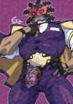  1boy adversarial_noise artist_name bara belt black_gloves censored championship_belt closed_mouth coat commentary_request erection gloves hand_on_own_hip highres kajima_(pokemon) looking_at_viewer male_focus mask masked necktie pants partially_fingerless_gloves penis pokemon pokemon_champions purple_background purple_coat purple_pants purple_vest red_necktie shirako_(kirupi) shirt signature smile solo translated twitter_username vest white_shirt 