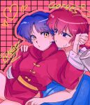  2girls blue_eyes braid chinese_clothes closed_mouth cosplay costume_switch english_commentary english_text garnel_(letsgotomato11) grid_background highres multiple_girls pink_background ranma-chan ranma_1/2 red_hair short_hair single_braid tendou_akane yellow_eyes yuri 