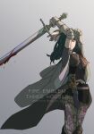  1girl armor black_armor black_boots black_shorts blood blood_on_face blood_on_weapon bodice boots breasts bridal_gauntlets cape closed_eyes closed_mouth clothing_cutout commentary_request expressionless female_byleth_(fire_emblem) fire_emblem fire_emblem:_three_houses grey_background highres holding holding_sword holding_weapon knife knife_sheath leggings medium_breasts medium_hair patterned_clothing patterned_legwear sheath shorts signature solo stomach_cutout sword tom_d0_ob waist_cape weapon 