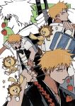  1boy 1other bag black_sclera bleach blue_bag border collared_shirt colored_sclera food frown fruit furrowed_brow green_background highres holding holding_bag holding_sword holding_weapon japanese_clothes kon_(bleach) kurosaki_ichigo male_focus multiple_views orange_eyes orange_hair sharp_teeth shihakusho shirt short_hair short_sleeves strawberry stuffed_animal stuffed_lion stuffed_toy sweatdrop sword sword_on_back teeth twitter_username upper_body weapon weapon_on_back white_border white_shirt zelzmd 