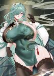  1girl absurdres ass_visible_through_thighs azur_lane black_garter_straps black_gloves black_thighhighs blush breasts cameltoe china_dress chinese_clothes covered_navel dress fishnet_gloves fishnets garter_straps gloves green_hair hair_over_one_eye hand_up hci+ highres huge_breasts lace-trimmed_thighhighs lace_trim moskva_(awaiting_the_next_move)_(azur_lane) moskva_(azur_lane) official_alternate_costume parted_lips purple_eyes smile solo thighhighs 
