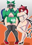  2girls ^_^ akasode_(tyaramu) animal_ears animal_print anime_coloring bird_print black_bow black_thighhighs blush bow braid breasts cat_ears cat_tail closed_eyes commentary_request extra_ears groin hair_bow hair_flaps halloween_costume high_heels highres huge_breasts jiangshi_costume kaenbyou_rin large_breasts looking_at_viewer multiple_girls multiple_tails mummy_costume outline red_eyes red_shoes reiuji_utsuho shoes side_braids skindentation tail thighhighs touhou twin_braids two-tone_background two_tails white_outline 