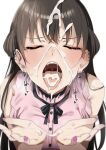  1girl bare_shoulders black_choker black_hair choker closed_eyes commentary_request cum cum_in_mouth cum_on_body ear_piercing earrings facial hands_up highres jewelry konata_(kankin_jk) long_hair mishiranu_joshikousei_ni_kankin_sareta_mangaka_no_hanashi nail_polish open_mouth paid_reward_available piercing pink_nails pink_shirt ryouma_(galley) shirt simple_background solo tongue tongue_out upper_body white_background 