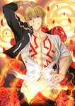  aora bad_id bad_pixiv_id blonde_hair fate/stay_night fate_(series) flower gate_of_babylon gilgamesh male_focus open_clothes open_shirt petals red_eyes rose shirt solo tattoo 