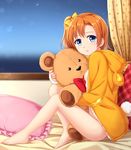  barefoot blue_eyes bottomless curtains doll_hug hair_ribbon highres hood hoodie indoors kousaka_honoka light_brown_hair looking_at_viewer love_live! love_live!_school_idol_project naked_hoodie one_side_up open_clothes open_hoodie pillow ribbon sitting solo stuffed_animal stuffed_toy teddy_bear tucana window 