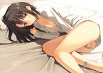  black_hair bottomless breasts cleavage dated kinta_(distortion) long_hair looking_at_viewer lying naked_shirt on_bed on_side original panties panties_around_one_leg pillow red_eyes shirt signature small_breasts solo underwear 