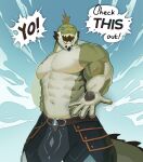 2025 5_fingers abs alexyz_kun anthro arm_scar armor barazoku belt big_muscles black_spikes blue_sclera chest_scar chin_spikes dialogue digital_media_(artwork) dungeons_and_dragons english_text erenok_(kilyion) facial_spikes fingers frill_(anatomy) green_body half-length_portrait hand_on_side hasbro head_crest head_frill hi_res holding_object jaw_spikes lizardfolk_(dnd) lizardman male muscular muscular_anthro muscular_arms muscular_male navel obliques open_hand open_mouth pecs portrait rock scalie scar sharp_teeth solo speech_bubble spiked_tail spikes spikes_(anatomy) tail talking_to_viewer tassets teeth text trapezius wizards_of_the_coast