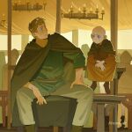  2boys a_knight_of_the_seven_kingdoms a_song_of_ice_and_fire aegon_v_targaryen bald blonde_hair blue_eyes blue_tunic candle chandelier child cloak cocked_eyebrow commentary duncan_the_tall english_commentary etceteraart green_cloak grey_pants height_difference highres looking_at_another male_focus multiple_boys orange_tunic pants purple_eyes short_hair sitting tunic twitter_username 