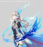  1girl aerial_fireworks amao_miyuki armor black_hairband black_headband blue_aura blue_eyes blue_fire breastplate breasts cape closed_mouth emblem_(fire_emblem_engage) english_commentary english_text female_corrin_(fire_emblem) fire fire_emblem fire_emblem_engage fire_emblem_fates fireworks floating_hair folded_collar grey_background grey_hair hair_between_eyes hairband headband highres looking_at_viewer official_alternate_eye_color pointy_ears simple_background small_breasts solo thighs upper_body watermark 