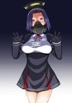  blush breasts gas_mask gloves hair_intakes kantai_collection kokuryuugan looking_at_viewer mask mechanical_halo medium_breasts purple_eyes purple_hair school_uniform short_hair smile solo sweat tatsuta_(kantai_collection) 