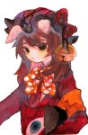  1girl animal_ears bell black_eyes bow bowtie brown_hair commentary_request dog_ears e.g.o_(project_moon) employee_(project_moon) empty_eyes hair_bell hair_ornament harvest_(e.g.o) hat laetitia_(e.g.o) lobotomy_corporation looking_at_viewer mimicry_(e.g.o) mochigome_138 nugget_(project_moon) orange_bow orange_bowtie painting_(medium) project_moon red_hat simple_background solo traditional_media watercolor_(medium) white_background 