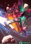  asteroid asymmetrical_dual_wielding axe bettle_(b_s_a_n) commentary_request copyright_name dual_wielding fire flaming_sword flaming_weapon full_body gundam gundam_arsenal_base gundam_build_fighters gundam_exia_dark_matter holding holding_axe mecha official_art robot space sword weapon 
