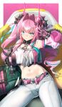  1girl absurdres arknights arknights:_endfield armpit_crease armpits black_horns breasts commentary_request diamond_in_eye dragon_girl dragon_horn dragon_horns dragon_tail gloves hair_intakes hair_on_horn highres horns large_breasts long_hair looking_at_viewer multicolored_gloves multicolored_horns navel pants pink_gloves pink_horns pink_sleeves pink_tube_top solo strapless tail tube_top two-sided_gloves two-tone_gloves two-tone_horns v walking_nakta white_pants yvonne_(arknights) 