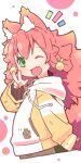  1girl ;d animal_ear_fluff animal_ears blush commentary_request drawstring fang fox_ears fox_girl fox_tail green_eyes hair_between_eyes hair_bobbles hair_ornament hand_up highres hood hood_down hoodie long_hair long_sleeves looking_at_viewer nomeoil one_eye_closed open_mouth original pink_hair simple_background smile solo tail two-tone_hoodie w white_background white_hoodie yellow_hoodie 