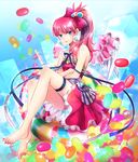  bare_shoulders barefoot blue_eyes candy crossed_arms dress earrings feet food hair_ribbon himerinco jelly_bean jewelry legs long_hair original ponytail red_hair ribbon smile solo strapless strapless_dress toenail_polish toes wings 