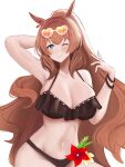 1girl animal_ears bikini black_bikini blue_eyes blush breasts brown-tinted_eyewear brown_hair cinnamxnrolli cleavage closed_mouth ear_ornament eyewear_on_head hair_between_eyes heart heart-shaped_eyewear highres horse_ears horse_girl jewelry large_breasts long_hair looking_at_viewer maruzensky_(hot_summer_night)_(umamusume) maruzensky_(umamusume) navel official_alternate_costume one_eye_closed orange-tinted_eyewear ponytail ruffle_bikini simple_background smile solo stomach sunglasses swimsuit tinted_eyewear umamusume white-framed_eyewear white_background 