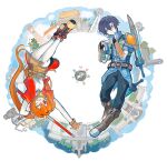  1boy 1girl :d ahoge antenna_hair arm_guards armor bike_shorts bike_shorts_under_skirt black_gloves black_hair bo_staff boots brown_hair closed_mouth commentary_request cropped_jacket double-parted_bangs eiyuu_densetsu estelle_bright fingerless_gloves full_body gloves hair_between_eyes hair_intakes harmonica holding holding_instrument holding_staff holding_weapon instrument joshua_bright long_hair looking_at_viewer morino_kaoru one_eye_closed open_mouth pauldrons red_eyes shoes short_hair short_sleeves shorts shorts_under_skirt shoulder_armor single_pauldron smile sneakers sora_no_kiseki staff sword twintails very_long_hair weapon yellow_eyes 