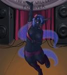  2015 anthro anthrofied areola big_breasts blue_hair breasts clothed clothing ear_piercing english_text equine female flashing friendship_is_magic hair horn kevinsano legwear mammal midriff my_little_pony navel nightmare_moon_(mlp) nipples piercing raised_arm solo speakers stage text tongue tongue_out tongue_piercing unicorn 