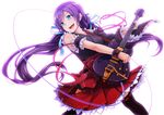  breasts dararito detached_sleeves electric_guitar green_eyes guitar instrument japanese_clothes long_hair love_live! love_live!_school_idol_project medium_breasts open_mouth purple_hair simple_background smile solo thighhighs toujou_nozomi twintails very_long_hair whammy_bar 
