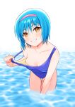  1girl :d alternate_costume artist_name blue_hair blue_one-piece_swimsuit blush breasts brown_eyes cleavage clothes_pull collarbone commentary cowboy_shot foreshortening grin hair_between_eyes hairband hand_up highres leaning_forward little_busters! looking_at_viewer medium_breasts medium_hair naughty_face nishizono_midori one-piece_swimsuit one-piece_swimsuit_pull piyo_(kinkooo333) pulling_own_clothes red_hairband school_swimsuit simple_background smile solo straight_hair swimsuit thigh_gap wading water white_background 