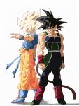  2boys absurdres armor bardock broken_armor dragon_ball dragon_ball_z father_and_son highres male_focus monkey_boy monkey_tail multiple_boys pato007711 saiyan saiyan_armor scar scar_on_cheek scar_on_face scouter son_goku spiked_hair super_saiyan super_saiyan_1 tail 