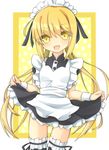  :d alternate_costume apron ass_visible_through_thighs bad_id bad_pixiv_id blonde_hair enmaided kantai_collection lifted_by_self long_hair looking_at_viewer maid maid_apron maid_headdress open_mouth puffy_short_sleeves puffy_sleeves rateratte satsuki_(kantai_collection) short_sleeves skirt skirt_lift smile solo thighhighs twintails yellow_eyes 