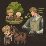  a_knight_of_the_seven_kingdoms a_song_of_ice_and_fire aegon_v_targaryen armor artist_name astrovvitch bald beard_stubble black_boots black_gloves blonde_hair blue_eyes blue_shirt boots brown_tunic chainmail chibi chibi_inset drawing_sword duncan_the_tall eating facial_hair food furrowed_brow gloves gorget grey_cloak grey_pants grey_tabard grey_vest hand_on_another's_face holding holding_food holding_reins holding_sandwich holding_sword holding_weapon horse male_focus pants reins saddle saddlebags sandwich shirt shooting_star short_hair sitting smile stubble sword tabard tree tunic vambraces vest weapon 