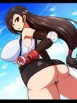  1girl ass bare_shoulders black_hair breasts final_fantasy final_fantasy_vii gradient gradient_background huge_ass huge_breasts long_hair looking_back open_mouth panties ponytail red_eyes regls shiny shiny_clothes shiny_skin sideboob tifa_lockhart underwear very_long_hair 