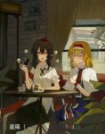  2girls alice_margatroid armband black_ribbon black_skirt blonde_hair blue_dress brown_hair capelet chinese_commentary chinese_text closed_eyes collared_shirt commentary_request cup dress facing_viewer food food_request hairband hat holding holding_cup indoors jin_jin_jin_jin long_hair medium_hair multiple_girls neck_ribbon pom_pom_(clothes) puffy_short_sleeves puffy_sleeves red_armband red_eyes red_hairband red_hat ribbon shameimaru_aya shirt short_sleeves sitting skirt table teacup tokin_hat touhou translation_request white_capelet white_shirt wrist_cuffs 