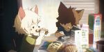 1boy 1girl animal_ears animal_nose bowl bread breakfast brown_hair cereal child chromatic_aberration commentary corn_flakes cup dog_boy dog_ears dog_girl drink_carton drinking_glass english_commentary film_grain food furry furry_female furry_male milk_carton open_mouth original sandwich short_sleeves spoon sykana white_hair 