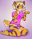  big_eyes blonde_hair bottomless chastity clothed clothing fangs feline girly hair half-dressed looking_at_viewer male mammal monamoo pawpads paws sabertooth_(disambiguation) solo tiger 