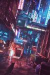  absurdly_detailed_composition alley bicycle building cat city city_lights cityscape commentary complex_exterior cyberpunk dumpster dutch_angle neon_lights night no_humans original outdoors power_lines puddle reason_(mark-of-the-unicorn) reflection reflective_liquid revision scenery science_fiction sign skyscraper television tile_floor tiles trash_bag unused_tire wet_floor 