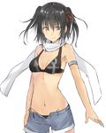  armband bangs bikini black_bikini black_hair breasts brown_eyes cowboy_shot hair_ornament isshiki_(ffmania7) kantai_collection navel open_fly remodel_(kantai_collection) scarf sendai_(kantai_collection) short_shorts shorts simple_background small_breasts smile solo stomach swimsuit two_side_up unzipped white_background white_scarf 