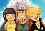  1girl 2boys arms black_hair blonde_hair blue_eyes clenched_teeth crossed_arms eyebrows eyelashes eyes_closed face_paint female fingernails fingers girl hands happy jiraiya male multiple_boys naruto naruto_gaiden necklace teeth uzumaki_boruto uzumaki_himawari white_hair 