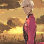  archer bnsn dark_skin dark_skinned_male fate/stay_night fate_(series) field_of_blades grey_eyes male_focus planted_sword planted_weapon solo sword unlimited_blade_works weapon white_hair 