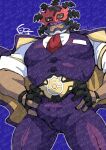  1boy adversarial_noise artist_name bara belt black_gloves bulge championship_belt closed_mouth coat commentary_request erection erection_under_clothes gloves hands_on_own_hips highres kajima_(pokemon) looking_at_viewer male_focus mask masked necktie pants partially_fingerless_gloves pokemon pokemon_champions purple_background purple_coat purple_pants purple_vest red_necktie shirako_(kirupi) shirt signature smile solo twitter_username vest white_shirt 