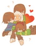  1boy 3others ? blue_sweater blush brown_shorts chara_(undertale) deltarune flustered frisk_(undertale) gg1231231231233 goat_boy headband heart highres kris_(deltarune) multiple_others red_headband shorts striped_clothes striped_sweater sweater undertale utdr_(toby_fox) 
