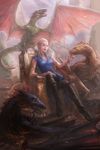  2015 a_song_of_ice_and_fire armlet bangle bracelet breasts chain cleavage crossed_legs daenerys_targaryen dragon dragon_tail dragon_wings drogon game_of_thrones highres jewelry long_hair medium_breasts purple_eyes rhaegal richy_truong sharp_teeth signature sitting tail teeth throne viserion white_hair wings 