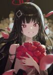  1girl absurdres black_hair blue_archive blurry blurry_background bokeh bouquet bright_pupils commentary depth_of_field dress falling_petals fingernails flower halo highres hugging_object ki-16 long_hair looking_at_viewer petals red_eyes red_flower red_rose ringed_eyes rio_(blue_archive) rio_(dress)_(blue_archive) rose smile solo straight_hair strapless strapless_dress upper_body very_long_hair white_pupils 