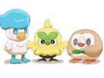  3others absurdres beak bird bird_wings browt chikuwaburo closed_mouth commentary_request duck highres looking_at_another looking_at_viewer multiple_others no_humans open_mouth owl pokemon pokemon_(creature) quaxly rowlet white_background wings 