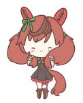  1girl animal_ears black_dress blush blush_stickers boots bow bowtie brown_boots brown_hair chibi closed_eyes closed_mouth commentary diagonal-striped_bow dress ear_bow ear_covers ear_ribbon english_commentary green_bow green_bowtie highres horse_ears horse_girl horse_tail juliet_sleeves long_sleeves medium_hair multicolored_hair nice_nature_(poinsettia_ribbon)_(umamusume) nice_nature_(umamusume) o-ring o-ring_thigh_strap pinafore_dress puffy_sleeves sleeveless sleeveless_dress smile solo streaked_hair striped_bow striped_bowtie striped_clothes tail thigh_strap twintails ukichan22905846 umamusume 