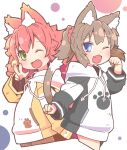  2girls ;d animal_ear_fluff animal_ears black_hoodie blue_eyes blush brown_hair cat_ears cat_girl cat_tail commentary_request cropped_legs drawstring fang fox_ears fox_girl fox_tail green_eyes hair_between_eyes hair_bobbles hair_ornament hand_up hood hood_down hoodie long_hair long_sleeves looking_at_viewer multiple_girls nomeoil notice_lines one_eye_closed open_mouth original pink_hair ponytail short_hair simple_background smile tail two-tone_hoodie w white_background white_hoodie yellow_hoodie 