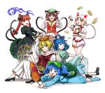  6+girls animal_ear_piercing animal_ears animal_print backpack bag bishamonten's_pagoda black_dress black_shoes blue_eyes blue_hair blue_shorts boots bow bowtie braid brown_eyes brown_hair cat_day cat_ears cat_girl cat_tail cattail chen coin commentary_request dress drill_hair drill_sidelocks earrings extra_ears fangs frilled_dress frills full_body goutokuji_mike green_hat hair_rings hat highres hitodama holding holding_coin jewelry juliet_sleeves kaenbyou_rin kaku_seiga kawashiro_nitori knee_up knees_up long_hair long_sleeves lying multicolored_hair multicolored_shorts multiple_girls multiple_tails nyan_clan_of_gensokyo_(touhou) on_stomach one_eye_closed open_mouth plant puffy_sleeves red_eyes red_nails shoes shorts side_braids sidelocks simple_background single_earring sitting standing standing_on_one_leg streaked_hair tail tiger_print toramaru_shou touhou twin_braids two_side_up two_tails wakame_oekaki wheelbarrow white_background white_hair yellow_bow yellow_bowtie yellow_eyes 