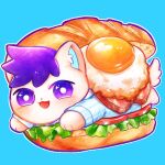  animalization blue_background bright_pupils commentary dog food fried_egg hero_(faraway)_(omori) hero_(omori) looking_at_viewer mapa_(wqgrkt_krbko) no_humans omori open_mouth outline purple_eyes purple_hair sandwich short_hair simple_background smile untranslatable_commentary white_outline white_pupils 