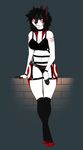  2015 anthro belt black_hair black_nose bracelet breasts brick clothed clothing collar detts digitigrade feline female grey_background grey_eyes hair heterochromia jewelry mammal navel plain_background red_eyes solo standing stripes underwear 