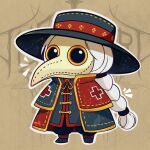  1girl ^^^ alternate_costume bird_mask braid capelet chibi chibi_only cloak coat constellation_print covered_face cross gold_trim hair_tie hat highres layered_clothes long_coat long_hair mask mis-aesthetics outline patterned_clothing plague_doctor plague_doctor_mask red_cross red_trim simple_background solo standing touhou very_long_hair white_hair white_outline yagokoro_eirin 