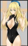  alternate_costume atago_(kantai_collection) blonde_hair border breasts cleavage_cutout cowboy_shot front_zipper_swimsuit green_eyes hat highres isshiki_(ffmania7) kantai_collection large_breasts long_hair looking_at_viewer meme_attire one-piece_swimsuit smile solo swimsuit twitter_username 